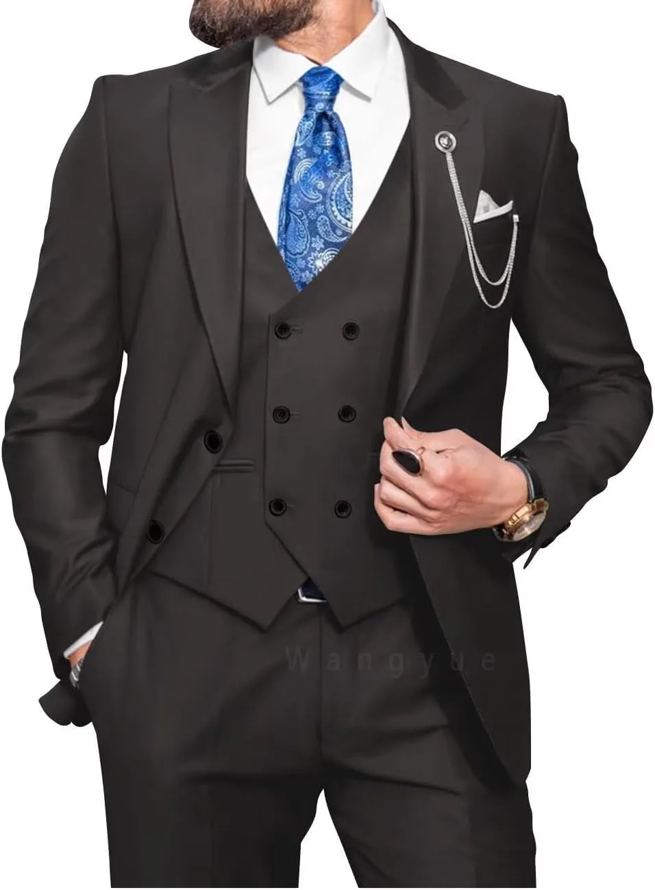 Wangyue Men Double Breasted Suit 3 Piece Slim Fit Suits Elegant Peak Lapel 2 Button Blazer Vest Pants Sets Men's Suits