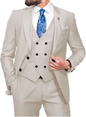 Wangyue Men Double Breasted Suit 3 Piece Slim Fit Suits Elegant Peak Lapel 2 Button Blazer Vest Pants Sets Men's Suits