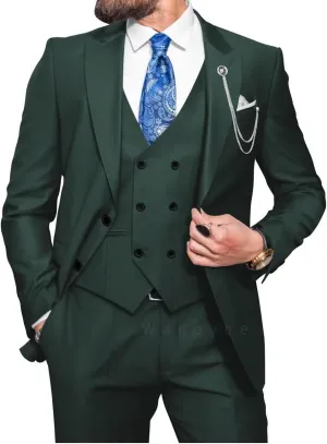 Wangyue Men Double Breasted Suit 3 Piece Slim Fit Suits Elegant Peak Lapel 2 Button Blazer Vest Pants Sets Men's Suits