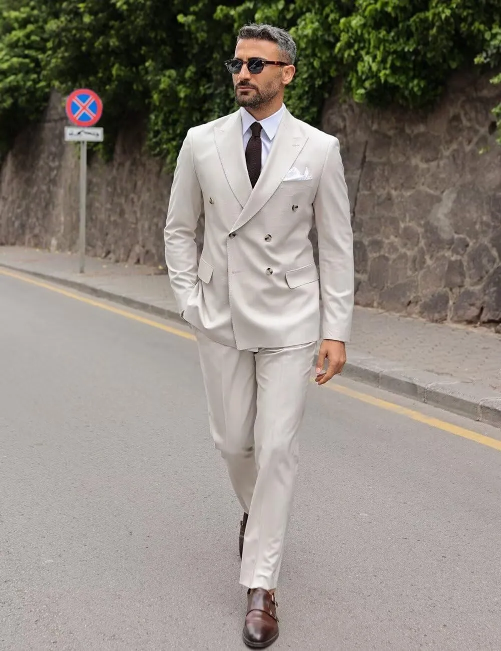 Wangyue Mens Suits Double Breasted Suit Men Slim Fit 2 Piece Wedding Prom Double Breasted Blazer Groom Suit Pants Sets