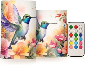 Watercolor Floral Hummingbird Flameless Candles with Remote and Timer Spring Bird Pillar Candles Set of 2 Flickering Led Battery Operated Candles for Halloween Christmas Wedding Decor