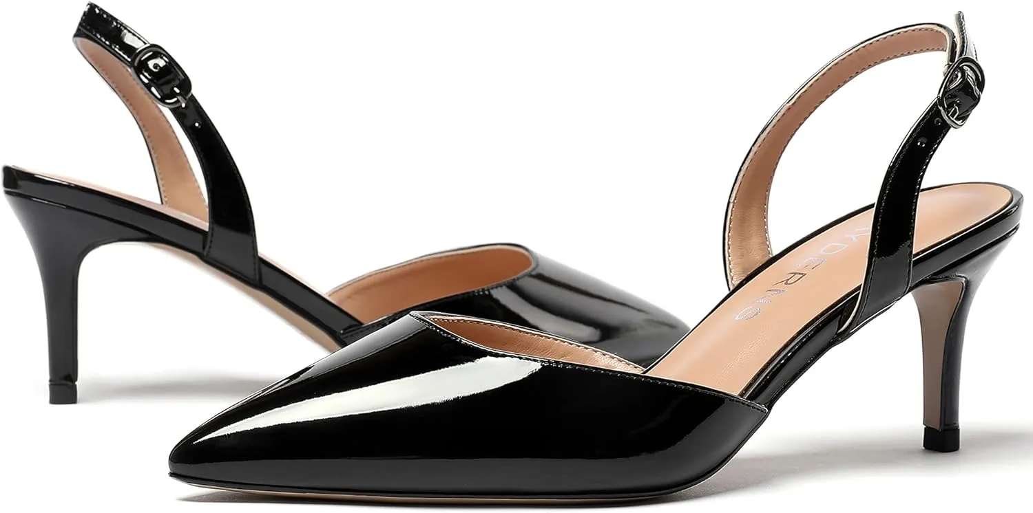 WAYDERNS Women's Patent Pointed Toe Solid Buckle Slingback Stiletto Mid Heel Pumps Shoes 2.5 Inch
