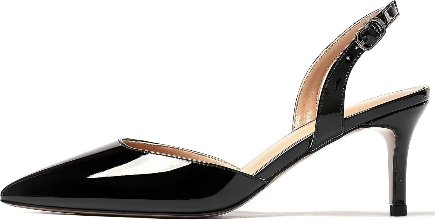 WAYDERNS Women's Patent Pointed Toe Solid Buckle Slingback Stiletto Mid Heel Pumps Shoes 2.5 Inch