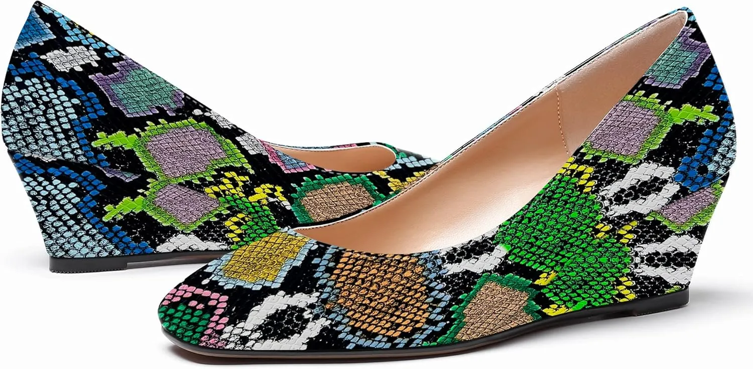 WAYDERNS Women's Slip On Patent Leather Square Toe Low Heel Wedge Pumps Shoes 2 Inch