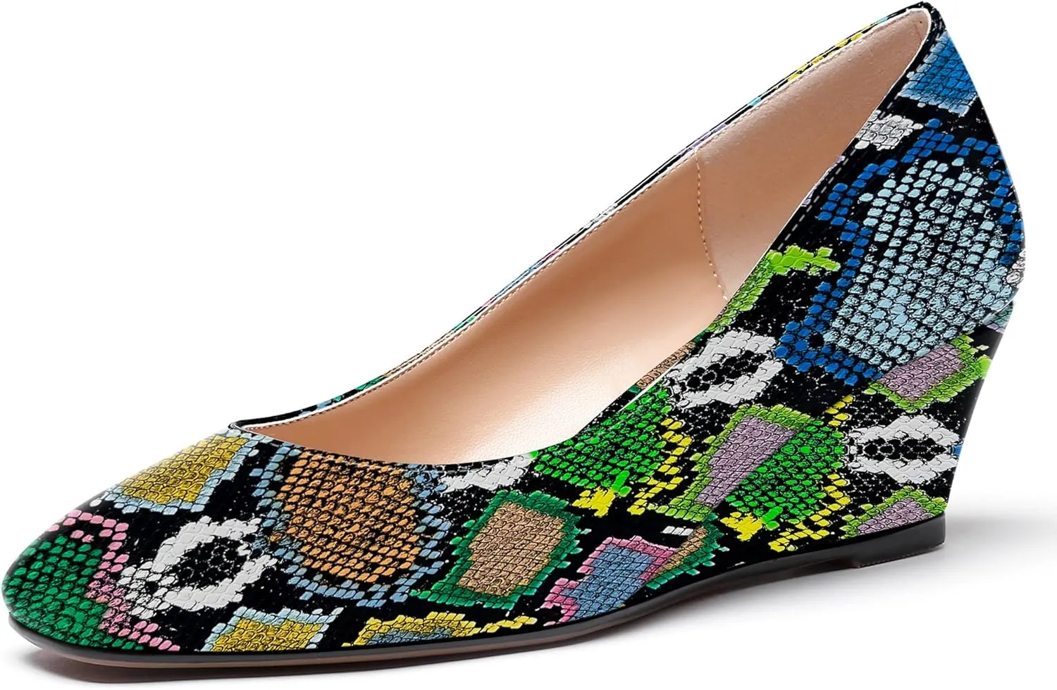 WAYDERNS Women's Slip On Patent Leather Square Toe Low Heel Wedge Pumps Shoes 2 Inch