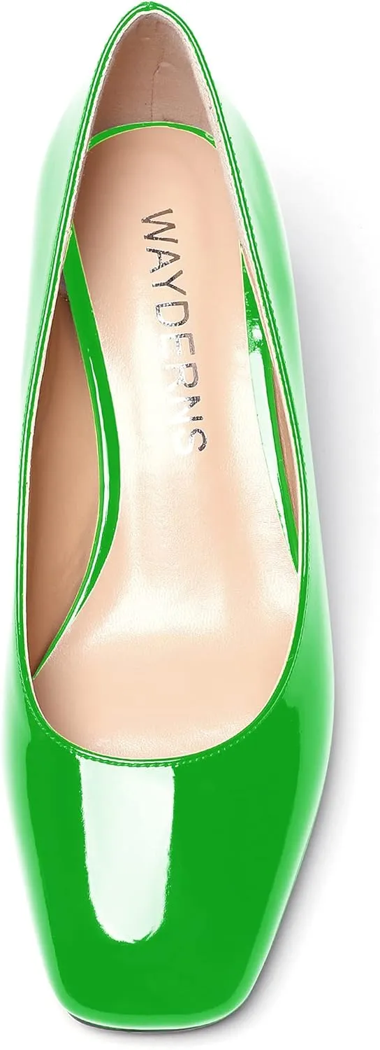 WAYDERNS Women's Slip On Patent Leather Square Toe Low Heel Wedge Pumps Shoes 2 Inch