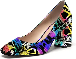 WAYDERNS Women's Slip On Solid Square Toe Patent Block High Heel Pumps Shoes 3 Inch