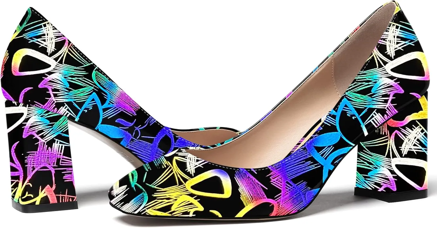 WAYDERNS Women's Slip On Solid Square Toe Patent Block High Heel Pumps Shoes 3 Inch