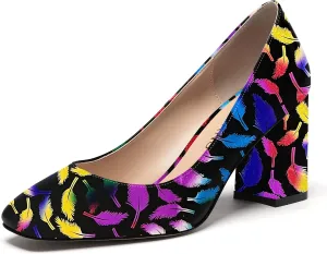 WAYDERNS Women's Slip On Solid Square Toe Patent Block High Heel Pumps Shoes 3 Inch