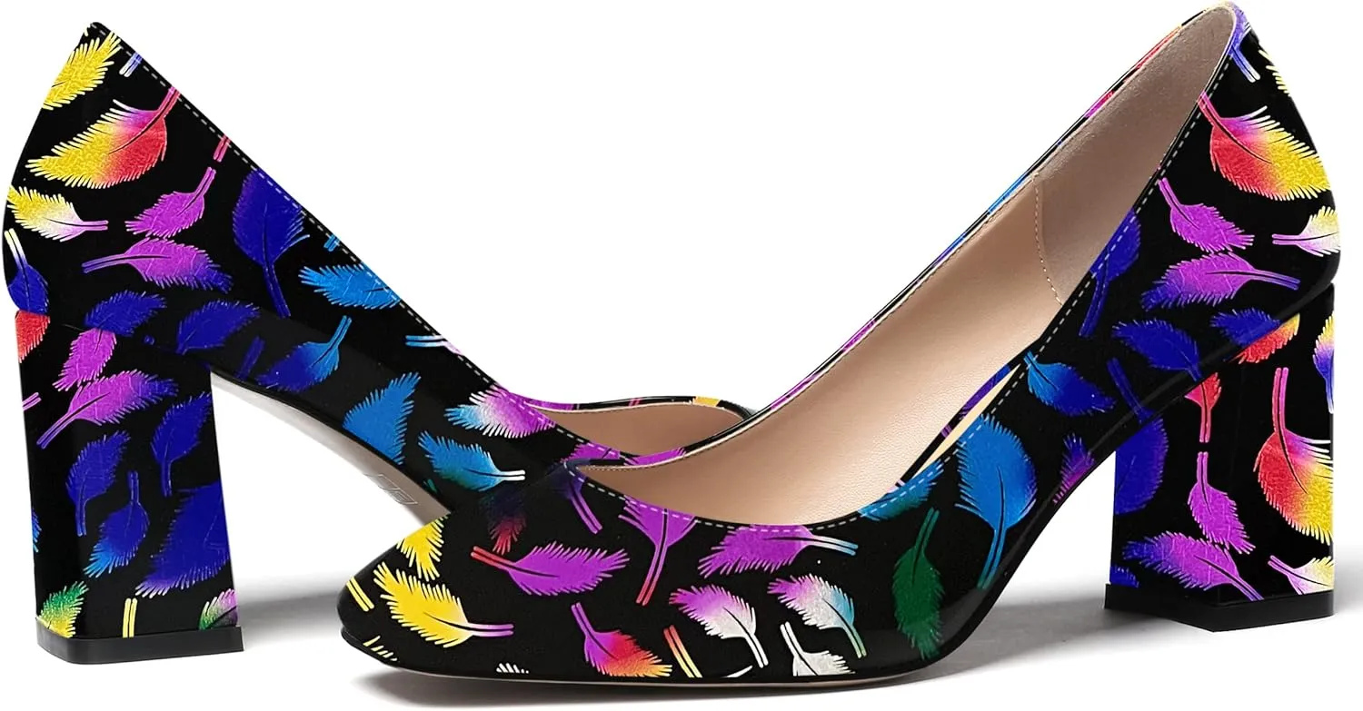 WAYDERNS Women's Slip On Solid Square Toe Patent Block High Heel Pumps Shoes 3 Inch