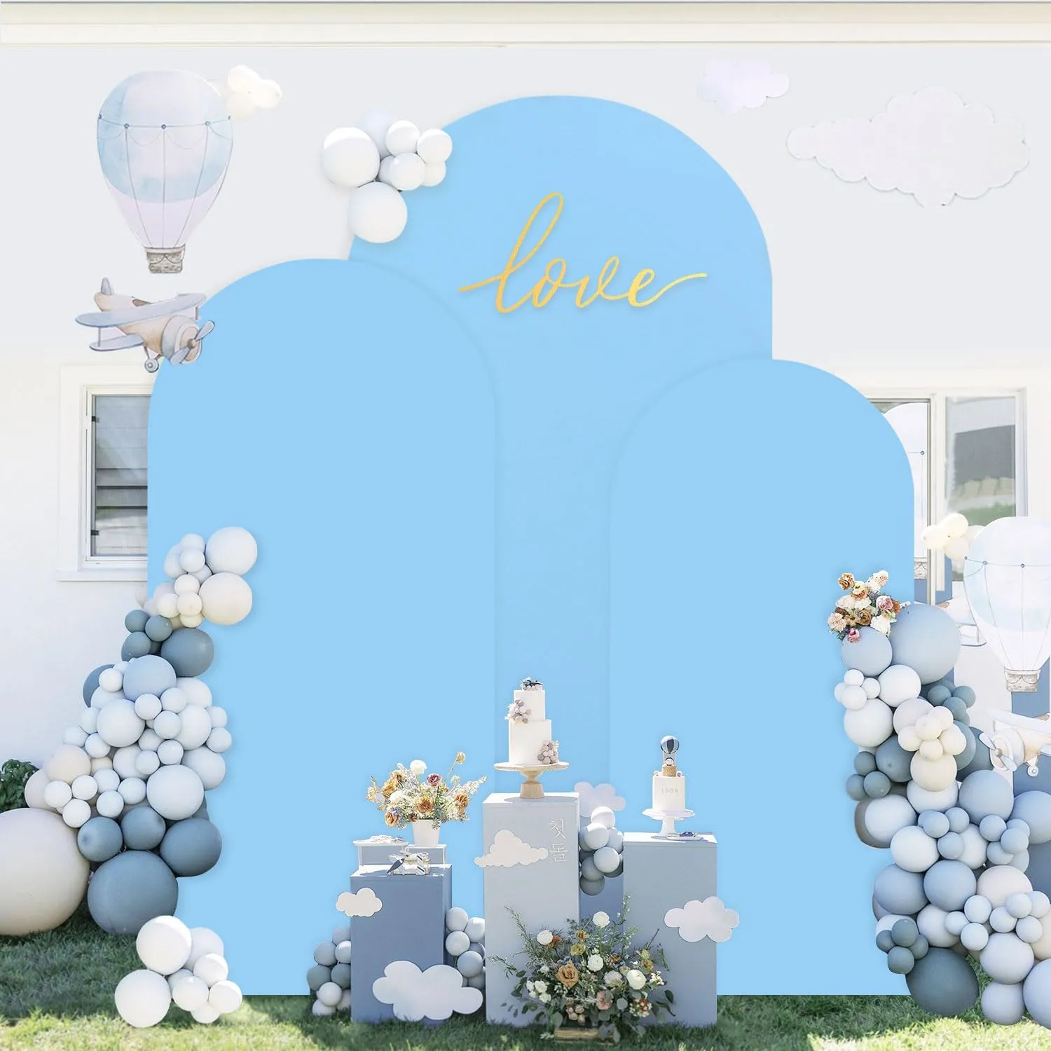 Wedding Arch Backdrop Stand and Cover Set 6FT, 5FT, 4FT Gold Metal Arches for Backdrop Baby Blue Spandex Arch Cover Balloon Arch Stand Frame for Baby Shower Birthday Party Graduation Ceremony