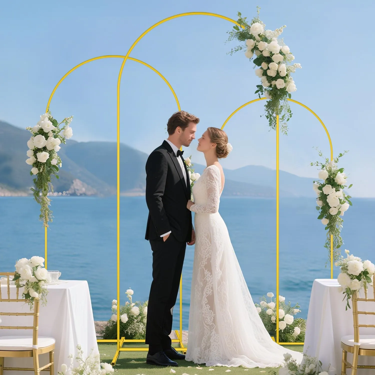 Wedding Arch Backdrop Stand and Cover Set 6FT, 5FT, 4FT Gold Metal Arches for Backdrop Baby Blue Spandex Arch Cover Balloon Arch Stand Frame for Baby Shower Birthday Party Graduation Ceremony