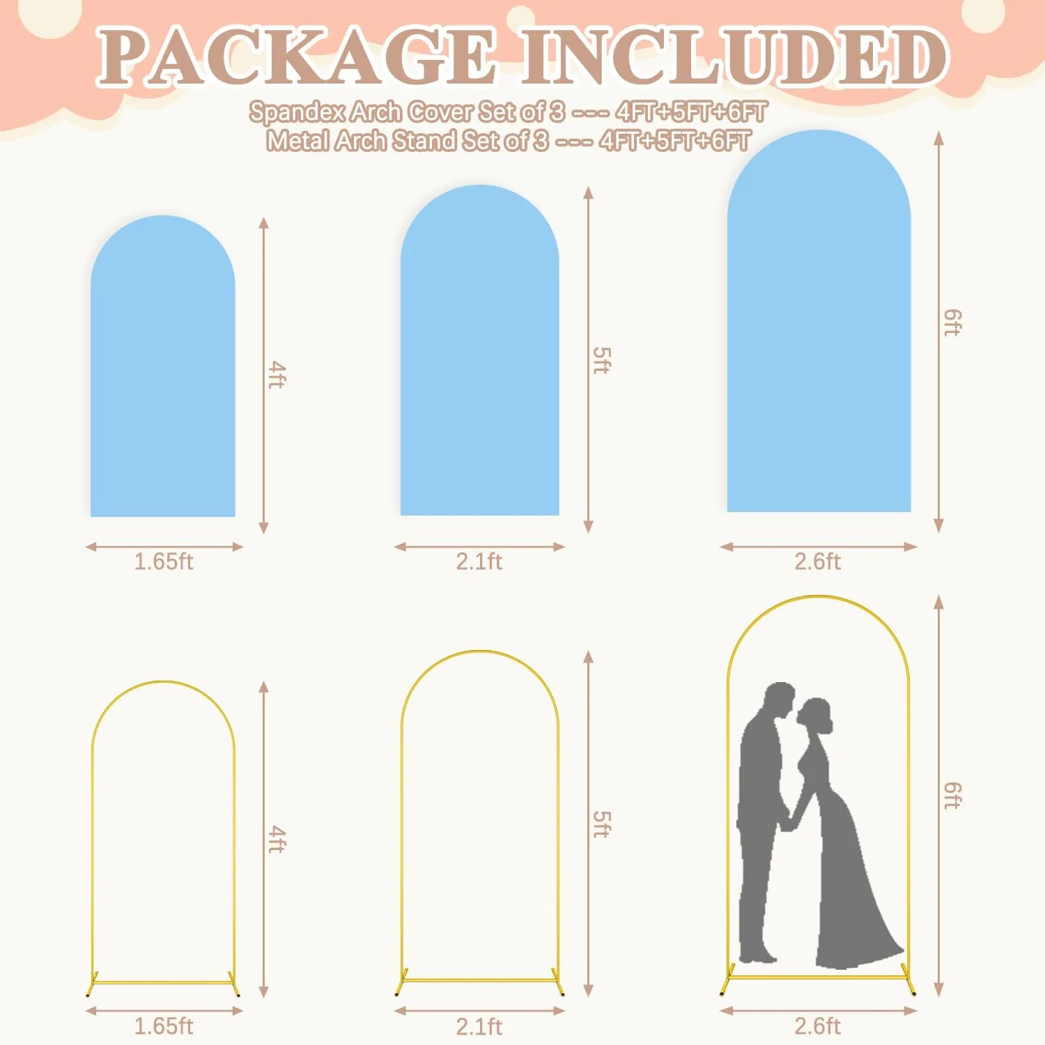 Wedding Arch Backdrop Stand and Cover Set 6FT, 5FT, 4FT Gold Metal Arches for Backdrop Baby Blue Spandex Arch Cover Balloon Arch Stand Frame for Baby Shower Birthday Party Graduation Ceremony