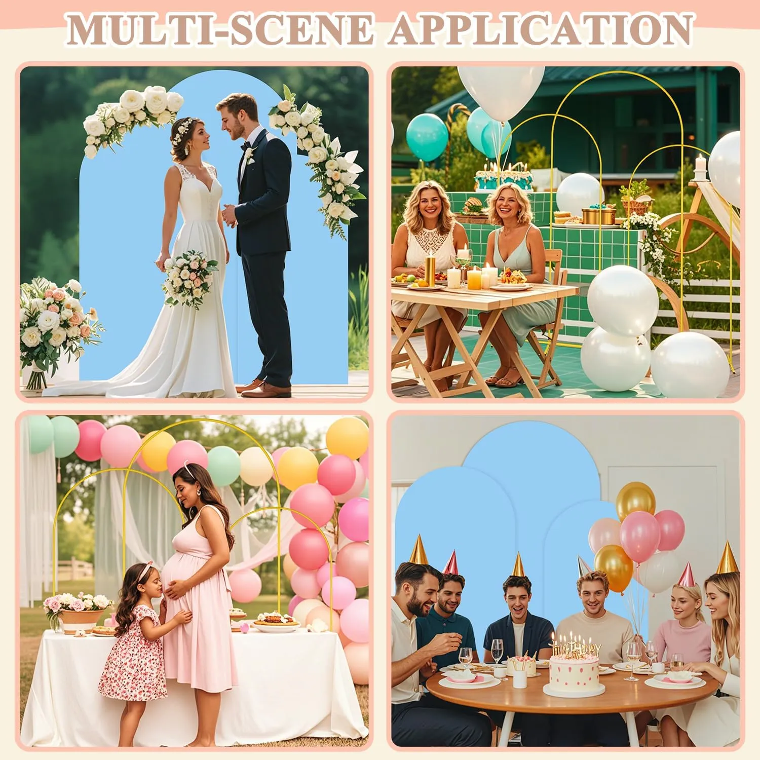 Wedding Arch Backdrop Stand and Cover Set 6FT, 5FT, 4FT Gold Metal Arches for Backdrop Baby Blue Spandex Arch Cover Balloon Arch Stand Frame for Baby Shower Birthday Party Graduation Ceremony