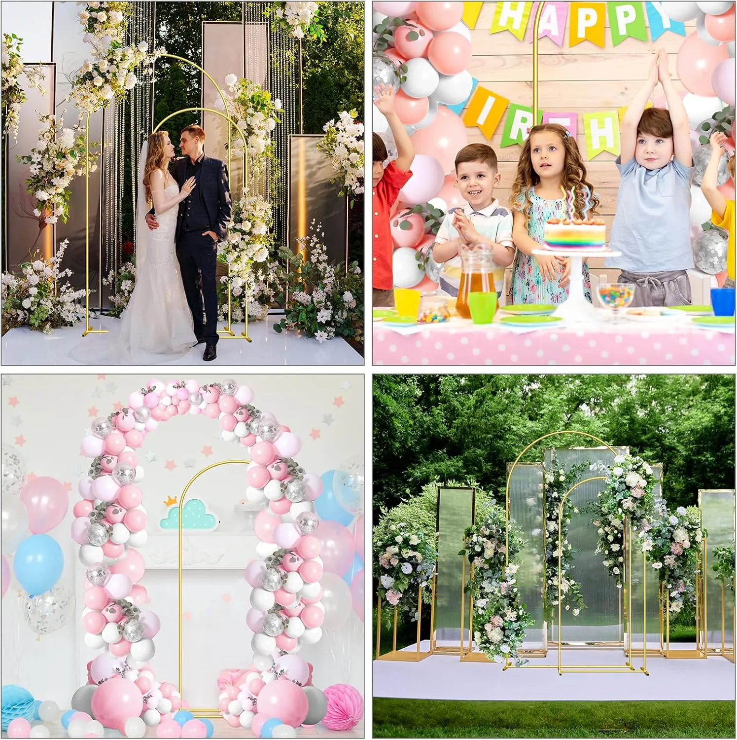 Wedding Arch Backdrop Stand Set of 2 (7.3FT/6FT), Gold Metal Arch Backdrop Stand,Balloon Arch Stand for Wedding Ceremony Baby Shower Outdoor Indoor Birthday Party Graduation Decoration,Gold