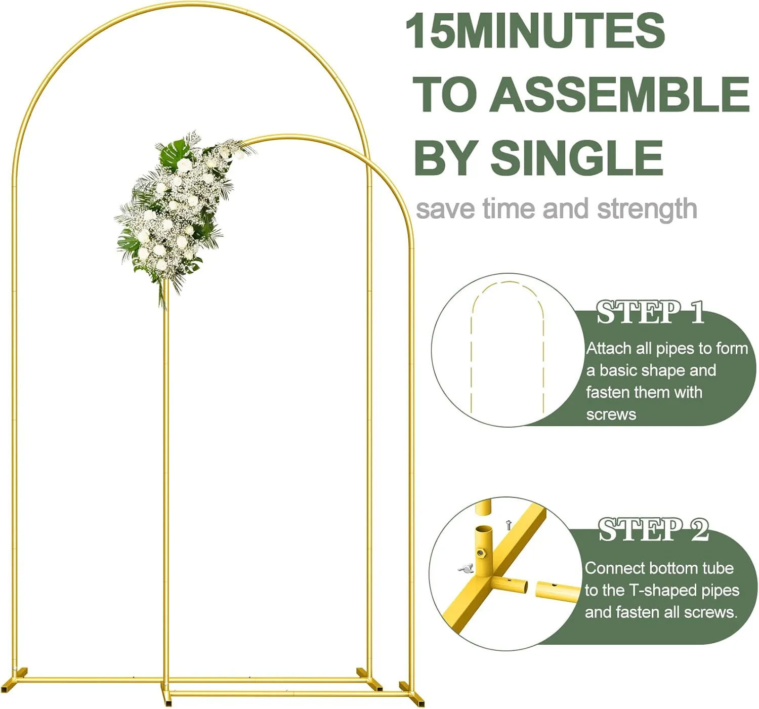 Wedding Arch Backdrop Stand Set of 2 (7.3FT/6FT), Gold Metal Arch Backdrop Stand,Balloon Arch Stand for Wedding Ceremony Baby Shower Outdoor Indoor Birthday Party Graduation Decoration,Gold