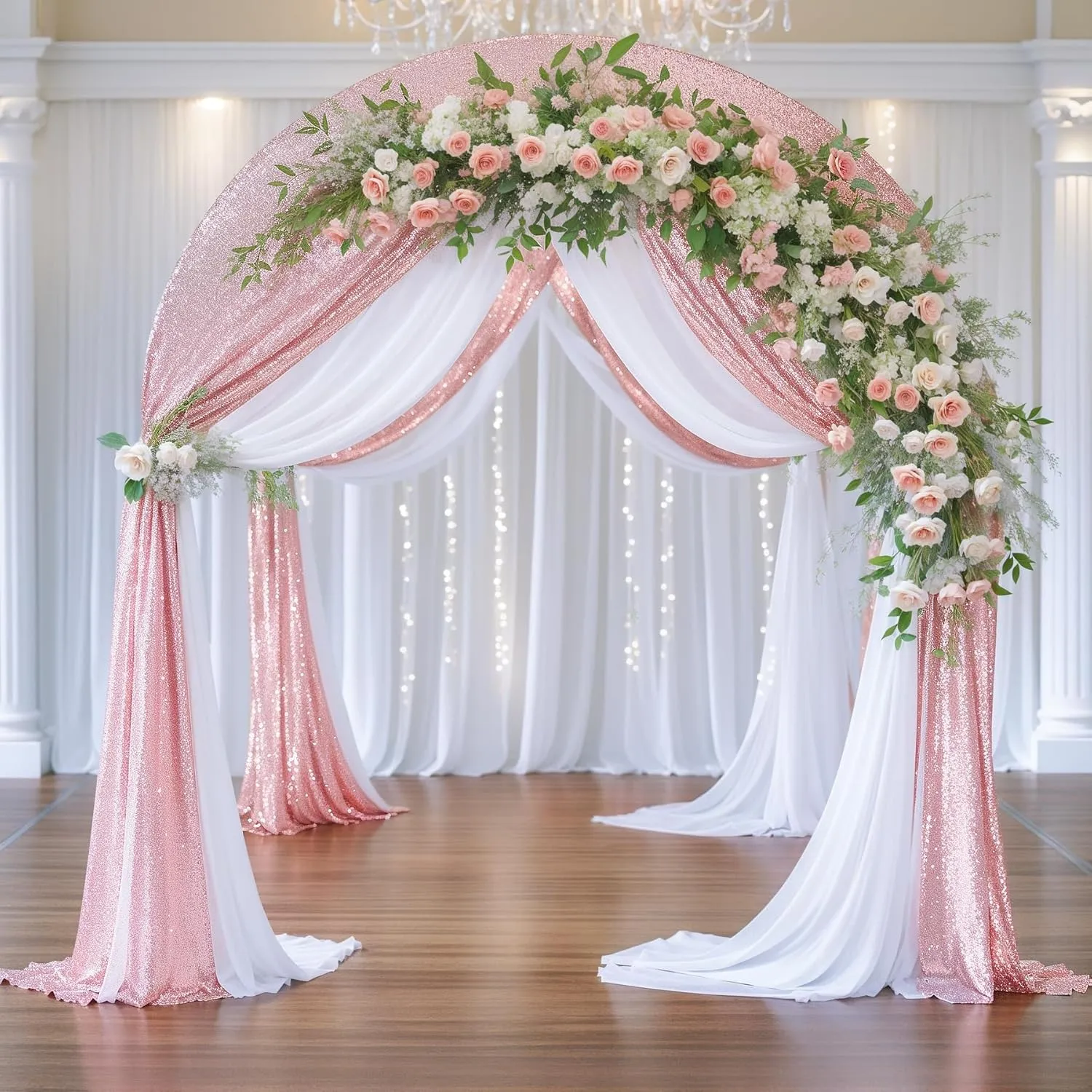 Wedding Arch Draping Fabric, 1 Panel 28" x19ft White Arch Drapes & 1 Panel 16" x19ft Rose Gold Sequin Fabric Drapes Arbor Backdrop Curtain for Wedding Arch Ceremony Bridal Shower Reception