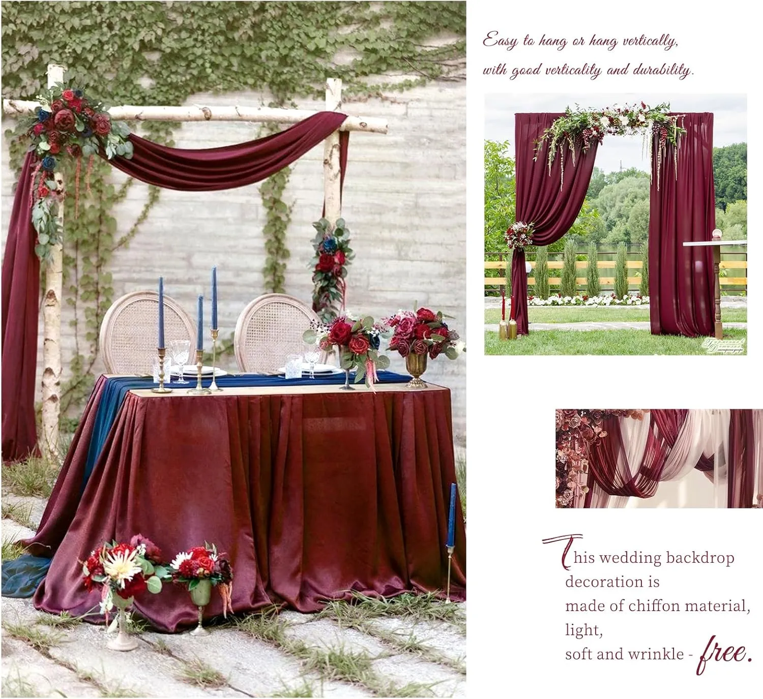 Wedding Arch Draping Fabric,1 Panel 28" x18ft Burgundy Wedding Arch Drapes for Ceremony Sheer Chiffon Fabric Drapes Arbor Drapery Decorations for Reception Party