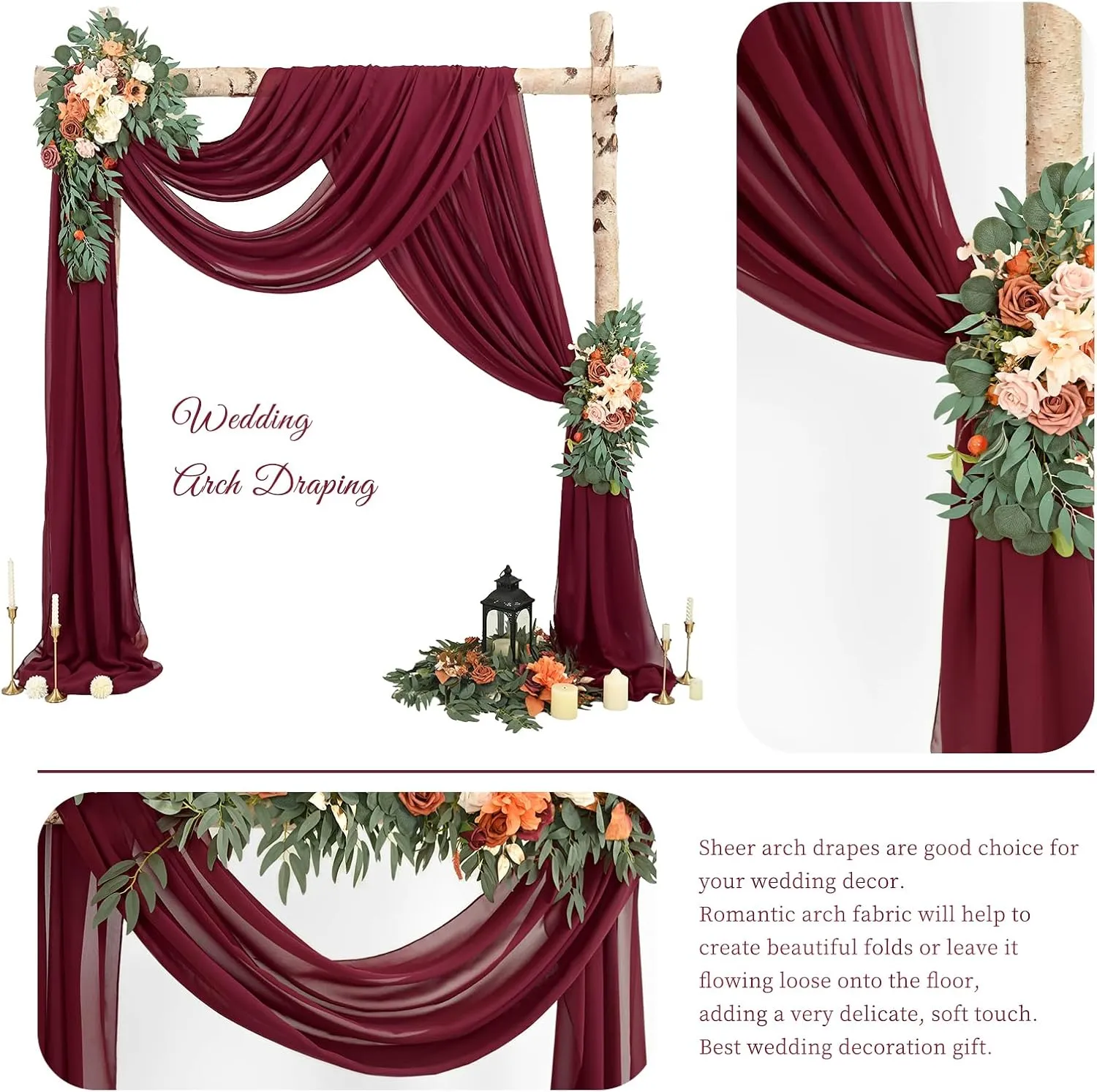Wedding Arch Draping Fabric,1 Panel 28" x18ft Burgundy Wedding Arch Drapes for Ceremony Sheer Chiffon Fabric Drapes Arbor Drapery Decorations for Reception Party
