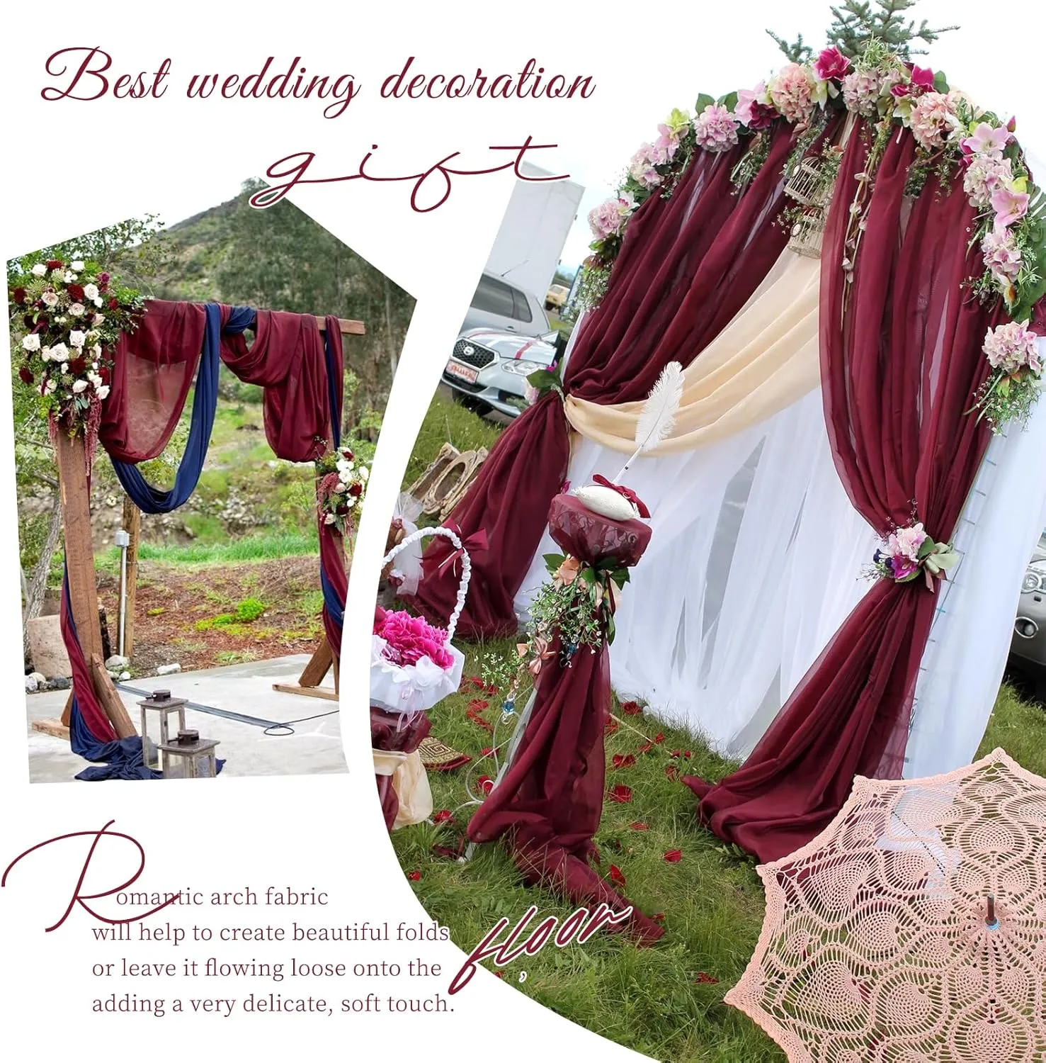 Wedding Arch Draping Fabric,1 Panel 28" x18ft Burgundy Wedding Arch Drapes for Ceremony Sheer Chiffon Fabric Drapes Arbor Drapery Decorations for Reception Party