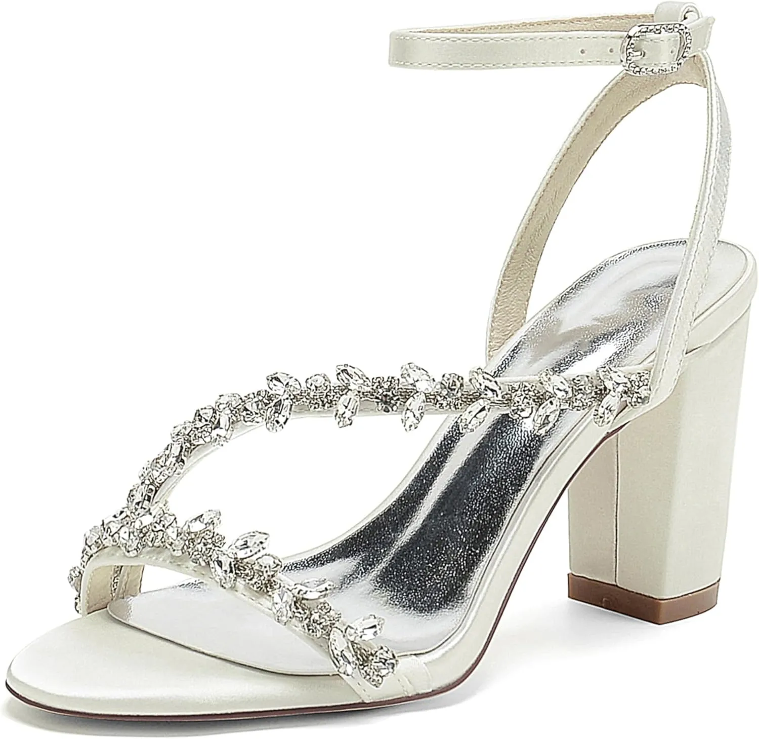 Wedding Bride Shoes Sandal Shoes Open Toe Block Heel Satin Rhinestones Women High Heels Formal Party Heeled Sandals 8.5Cm