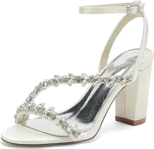Wedding Bride Shoes Sandal Shoes Open Toe Block Heel Satin Rhinestones Women High Heels Formal Party Heeled Sandals 8.5Cm