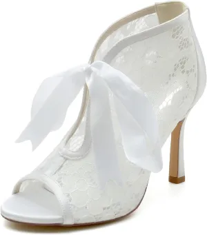 Wedding Dress Shoes for Bride Sandals for Women Lace Ankle Bootie Pumps with Heels Stiletto Heeled Ribbon Tie Peep Toe High Heels Sandal