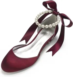 Wedding Shoes Flats for Bride Satin Pearls Round Toe Women Dress Shoes for Special Occasions