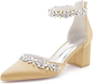Wedding Shoes for Bride Block Heel Satin Rhinestones Bridal Shoes Prom Party Dress Pumps