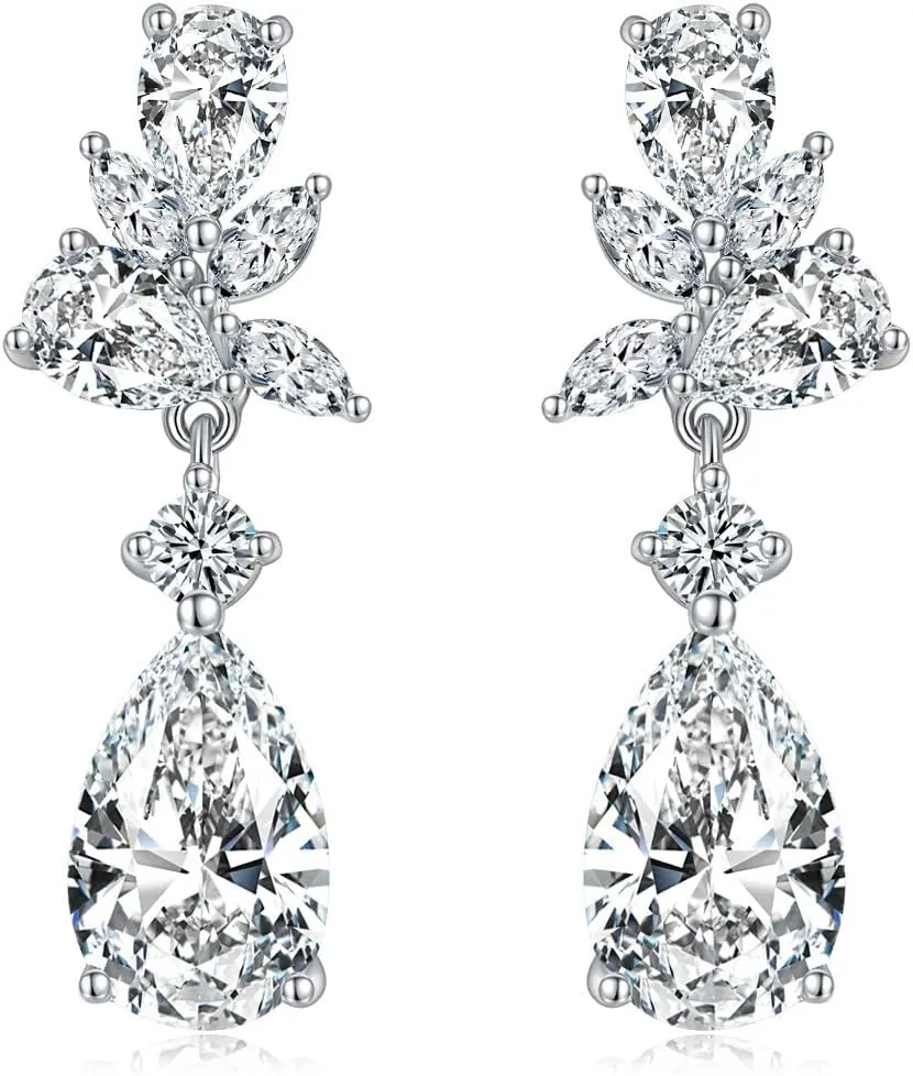 Wedding Teardrop Earrings Elegant Dangle Drop CZ Marquise Cubic Zirconia AAAAA 18K Gold Plated Sparkly Rhinestone Brides Bridal Bridesmaid Wedding Prom Formal Women Precious Silver Crystal Chandelier dangly Dangling Spalking Deluxe