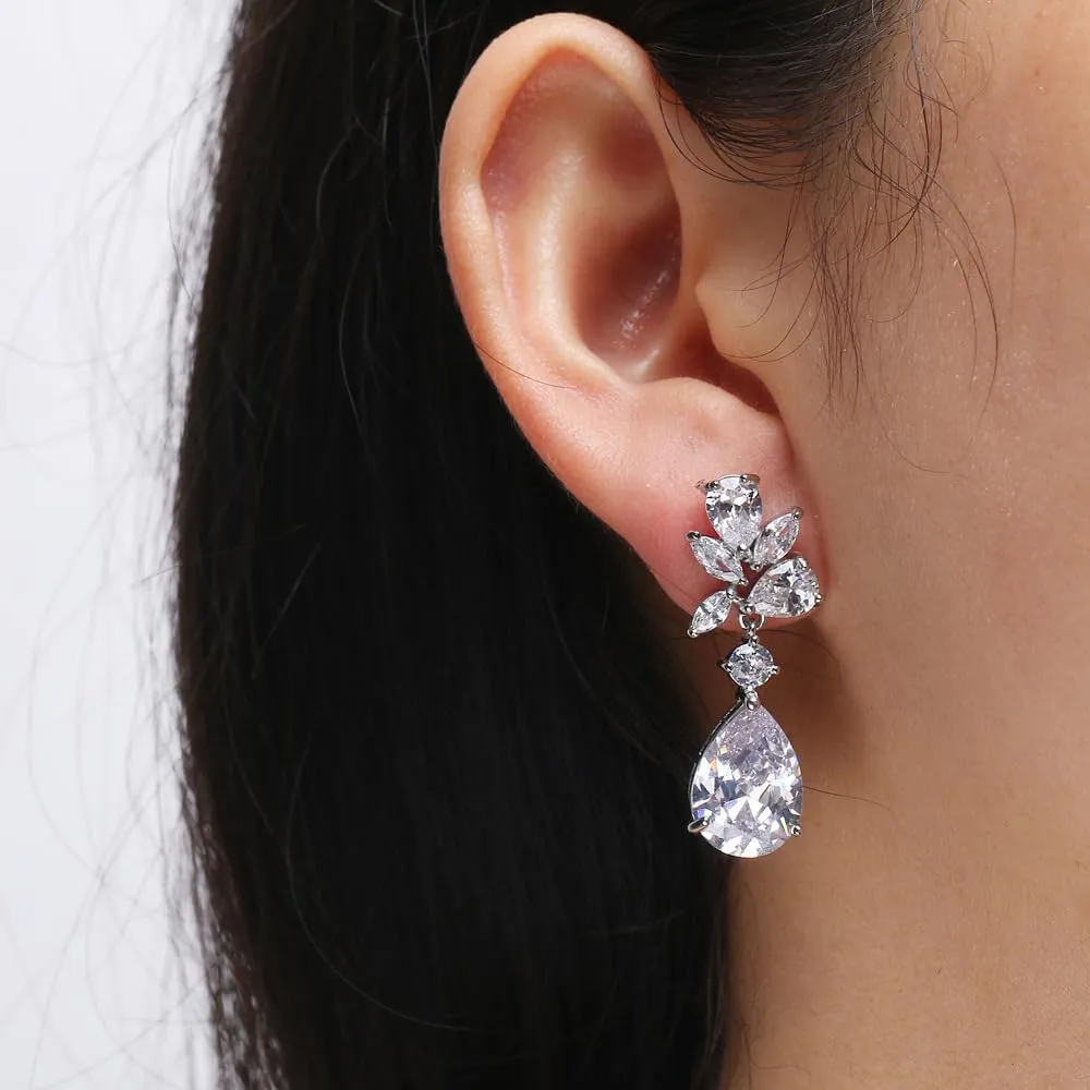 Wedding Teardrop Earrings Elegant Dangle Drop CZ Marquise Cubic Zirconia AAAAA 18K Gold Plated Sparkly Rhinestone Brides Bridal Bridesmaid Wedding Prom Formal Women Precious Silver Crystal Chandelier dangly Dangling Spalking Deluxe