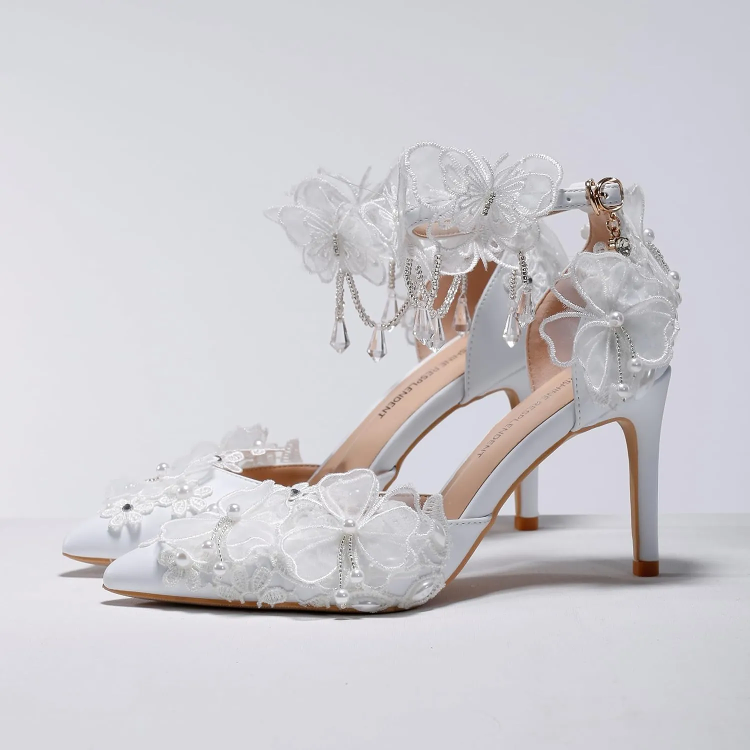 White Chiffon Butterfly Crystal Fringe Wrist Strap Bridal wedding High Heel Shoes Lace Pearl Flower Pointed Toe Stiletto Women's Sandals