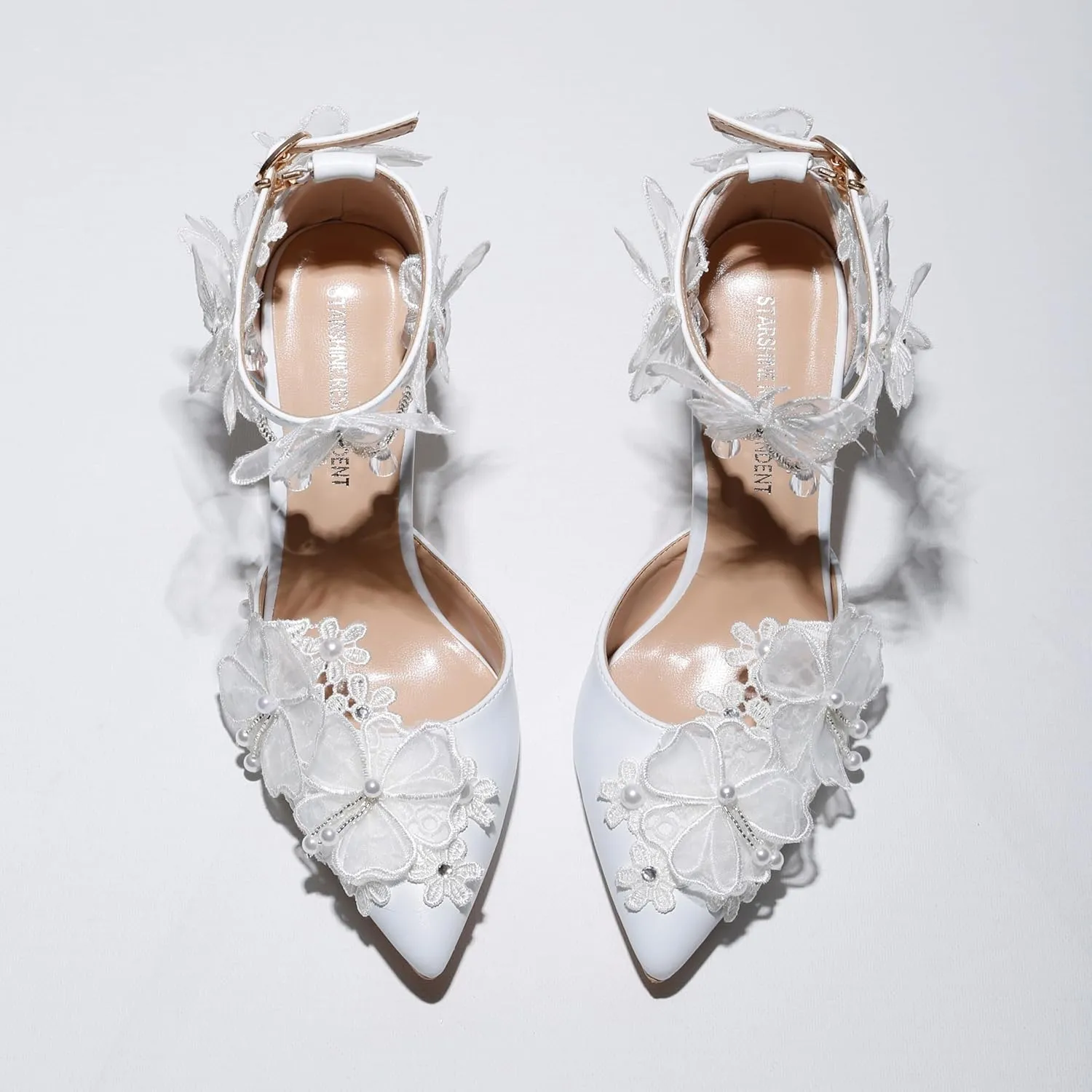 White Chiffon Butterfly Crystal Fringe Wrist Strap Bridal wedding High Heel Shoes Lace Pearl Flower Pointed Toe Stiletto Women's Sandals