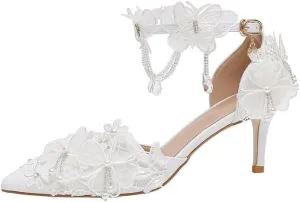 White Chiffon Butterfly Crystal Fringe Wrist Strap Bridal wedding High Heel Shoes Lace Pearl Flower Pointed Toe Stiletto Women's Sandals