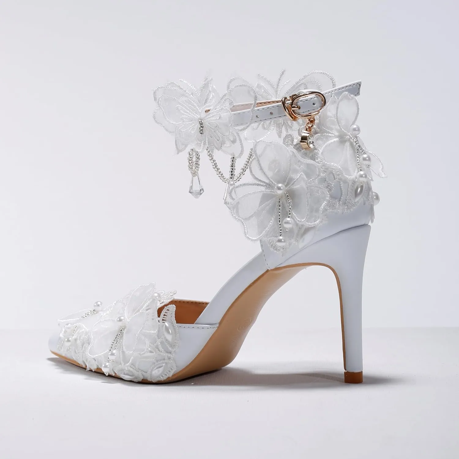 White Chiffon Butterfly Crystal Fringe Wrist Strap Bridal wedding High Heel Shoes Lace Pearl Flower Pointed Toe Stiletto Women's Sandals