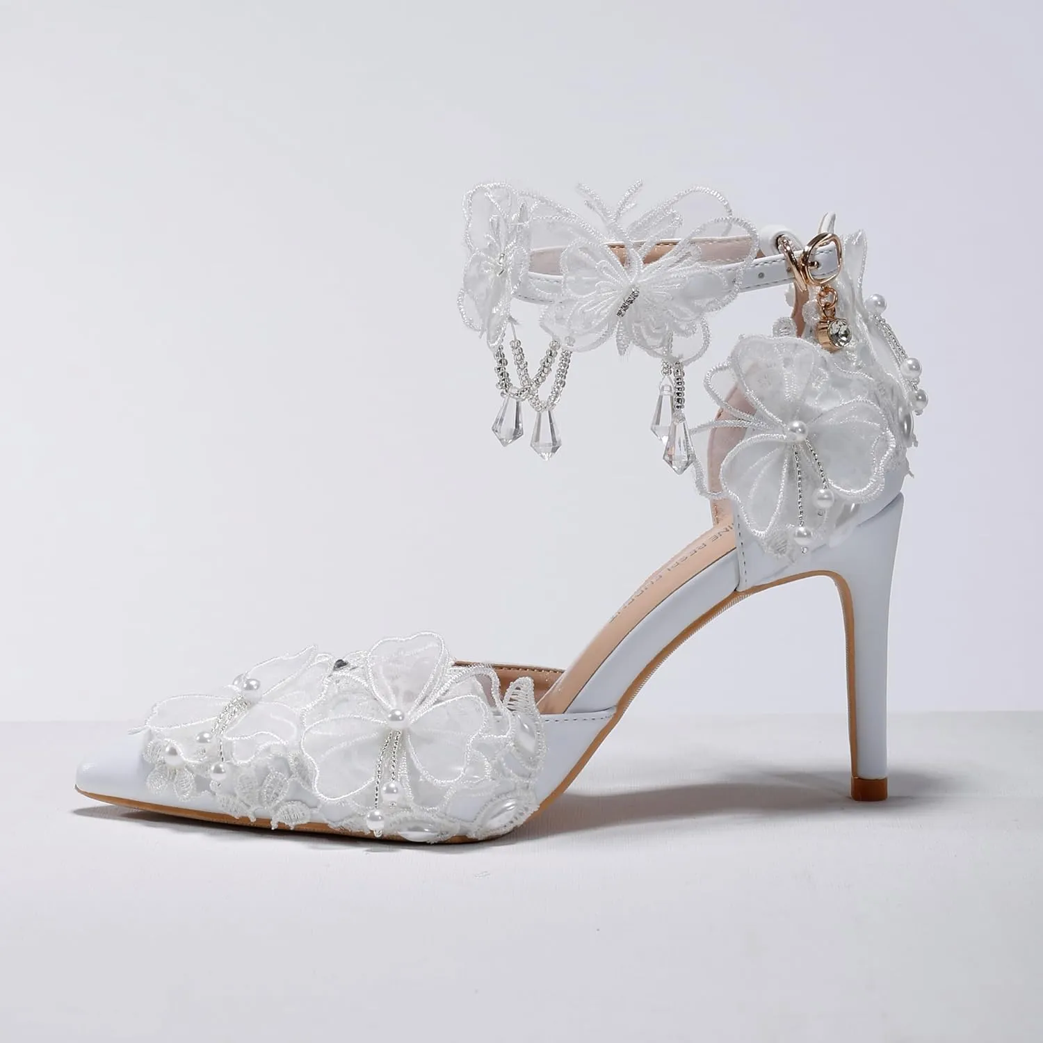 White Chiffon Butterfly Crystal Fringe Wrist Strap Bridal wedding High Heel Shoes Lace Pearl Flower Pointed Toe Stiletto Women's Sandals
