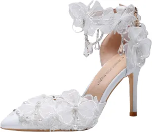 White Chiffon Butterfly Crystal Fringe Wrist Strap Bridal wedding High Heel Shoes Lace Pearl Flower Pointed Toe Stiletto Women's Sandals
