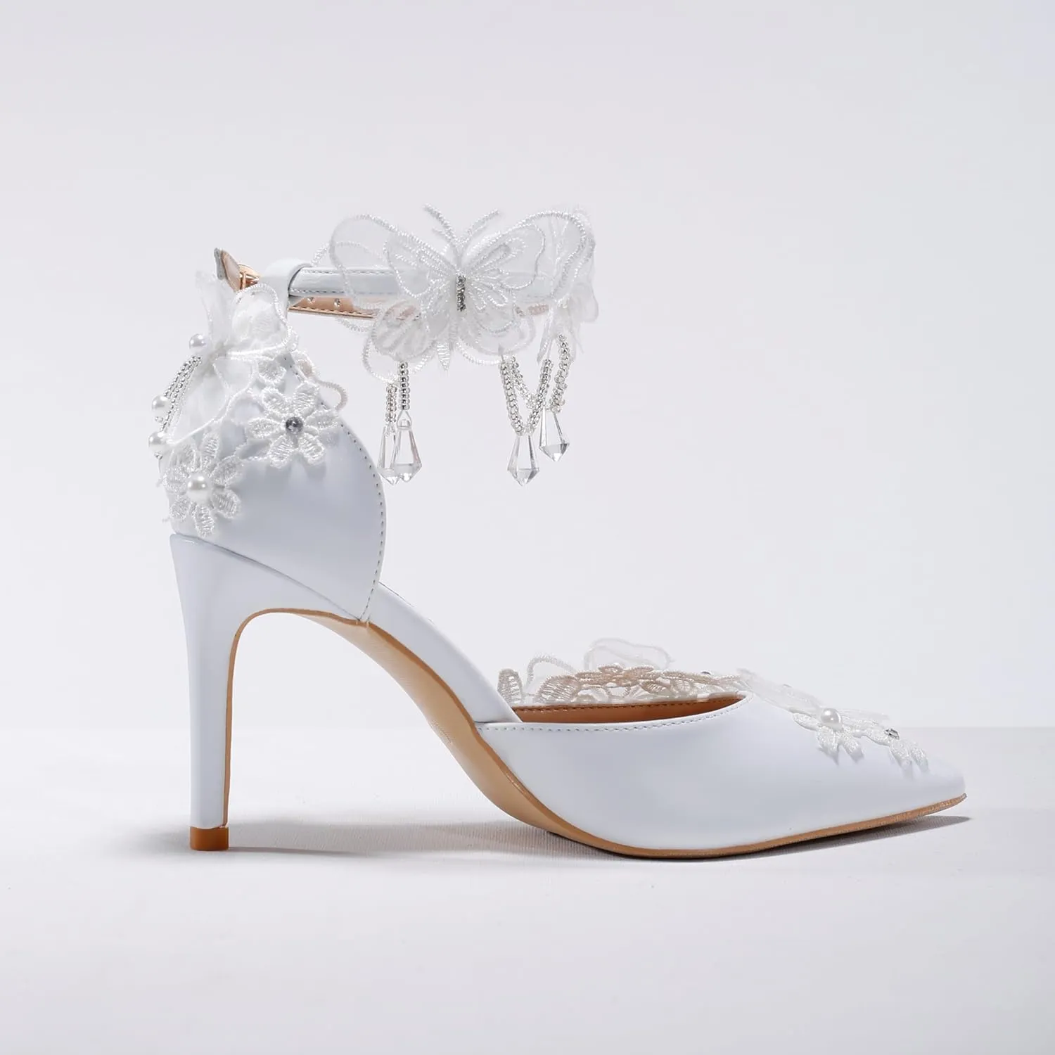 White Chiffon Butterfly Crystal Fringe Wrist Strap Bridal wedding High Heel Shoes Lace Pearl Flower Pointed Toe Stiletto Women's Sandals