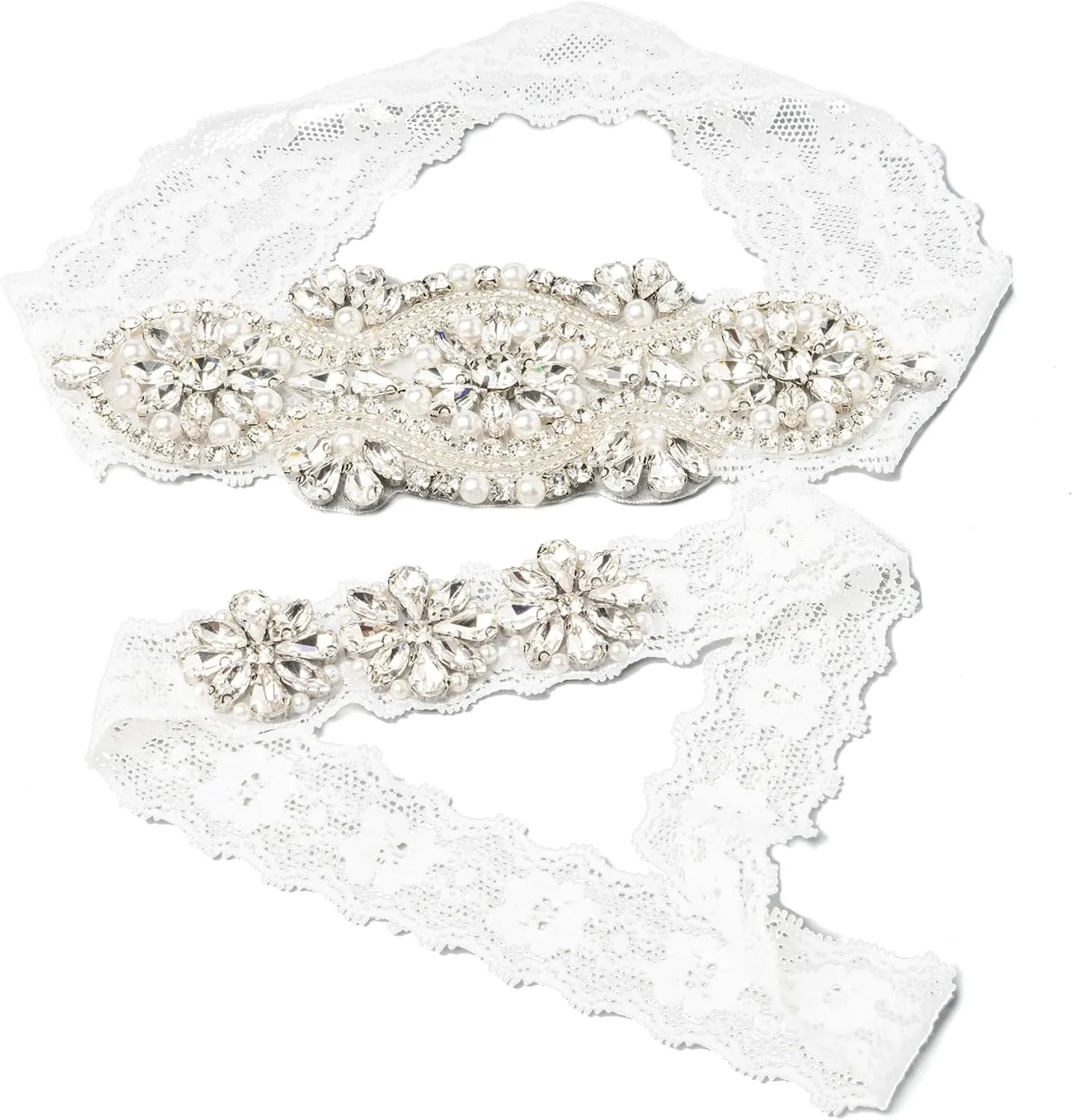 White Stretch Lace Rhinestone Pearl Garter, Wedding Garter Set with Toss Garter, Bridal or Prom Garter Set, Liga Para La Boda
