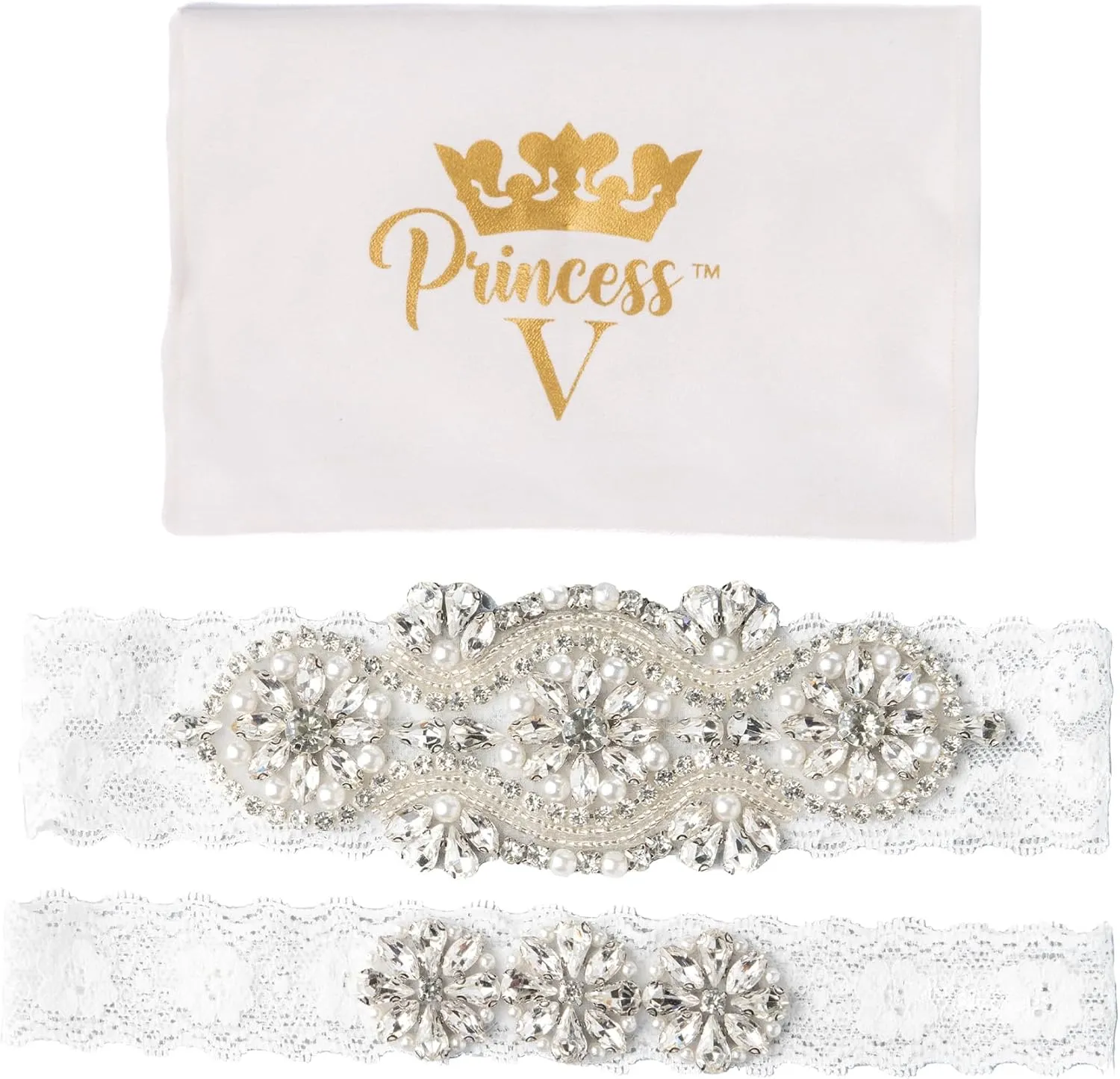White Stretch Lace Rhinestone Pearl Garter, Wedding Garter Set with Toss Garter, Bridal or Prom Garter Set, Liga Para La Boda