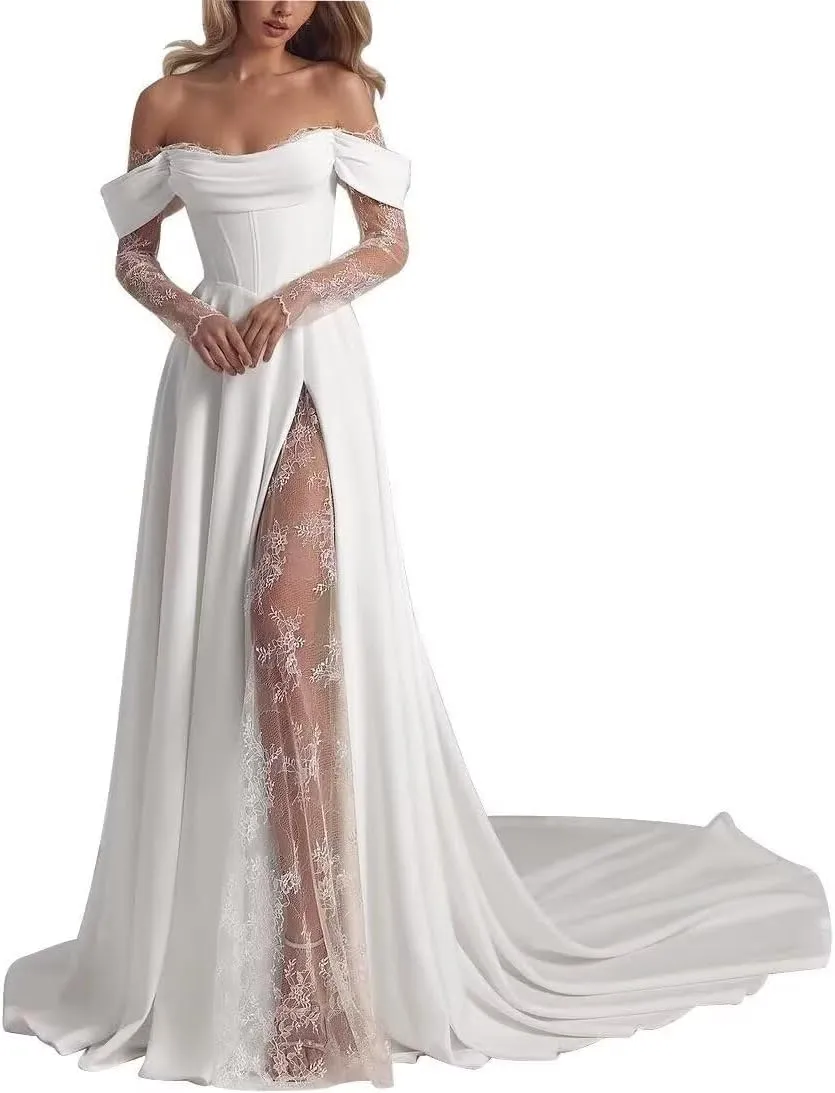 White Wedding Dresses for Bride Boho Lace Mermaid Sexy Beach Bridal Gowns for Bride with Long Train 2025