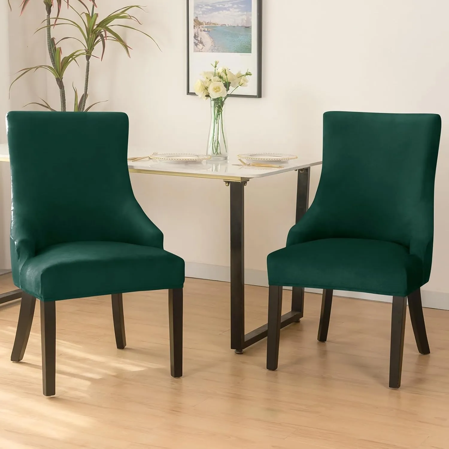 Wingback Side Chair Cover Slipcover Velvet Stretch Arm Chair Protector Accent Chair Cover Slipcover Washable Upholstered Arm Dining Chair Covers for Dining Living Room Banquet Decor(Dark Green,4PCS)