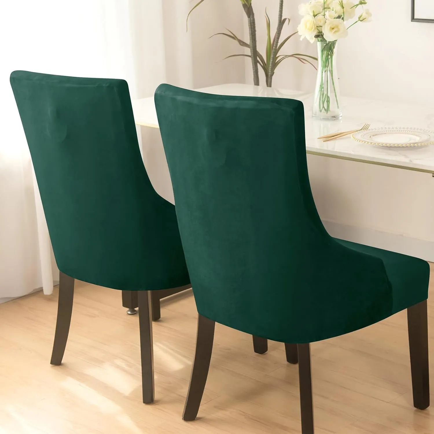Wingback Side Chair Cover Slipcover Velvet Stretch Arm Chair Protector Accent Chair Cover Slipcover Washable Upholstered Arm Dining Chair Covers for Dining Living Room Banquet Decor(Dark Green,4PCS)