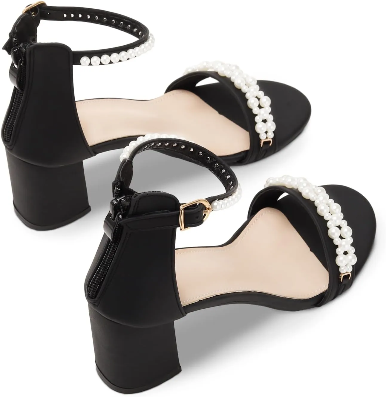 WOJWSKI Women's Heels Sandals for Women Open Toe Fashion Pearls Platform Heeled Sandals Ankle Strap Block Chunky Low Heel Pump Sandal Party Wedding Dress Shoe