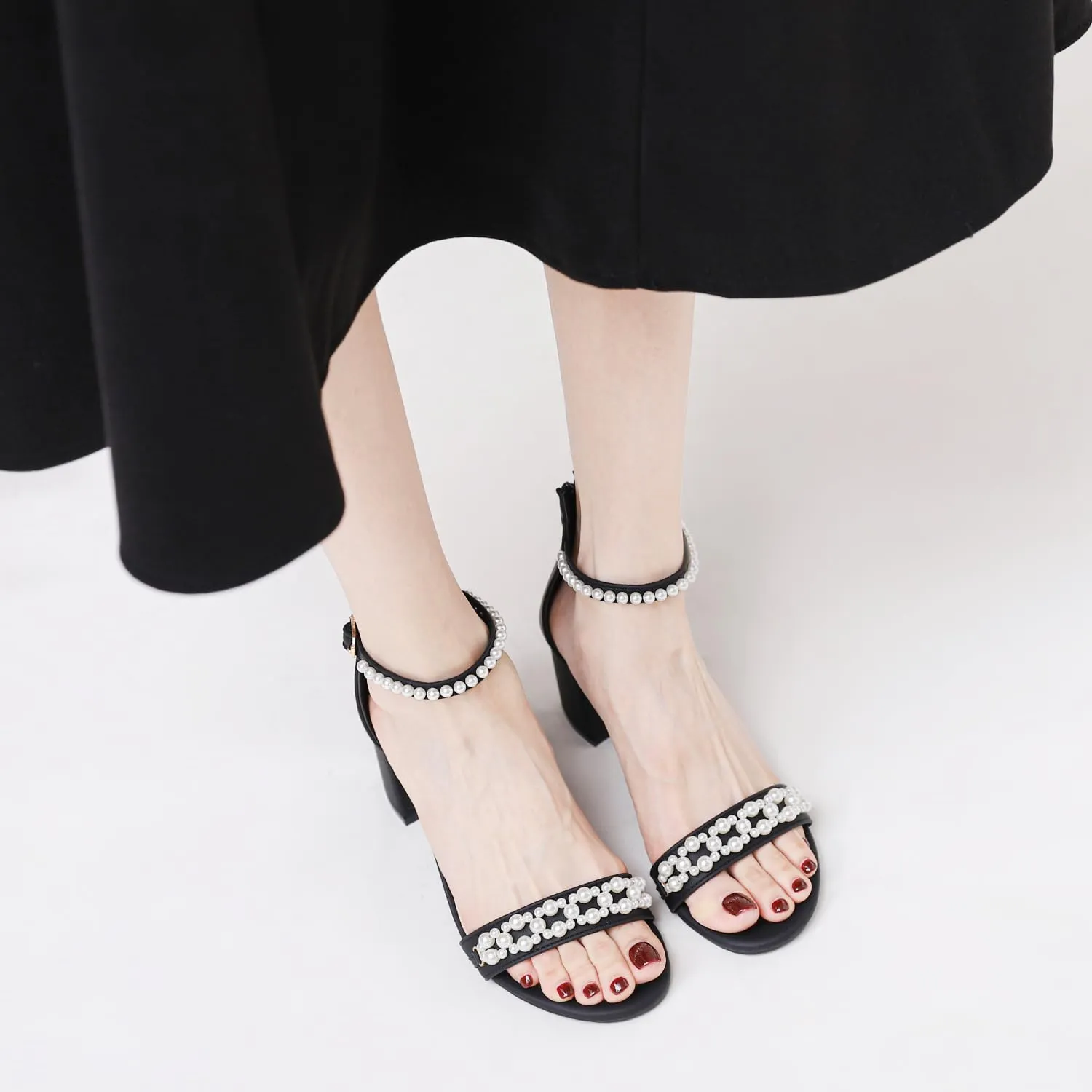 WOJWSKI Women's Heels Sandals for Women Open Toe Fashion Pearls Platform Heeled Sandals Ankle Strap Block Chunky Low Heel Pump Sandal Party Wedding Dress Shoe