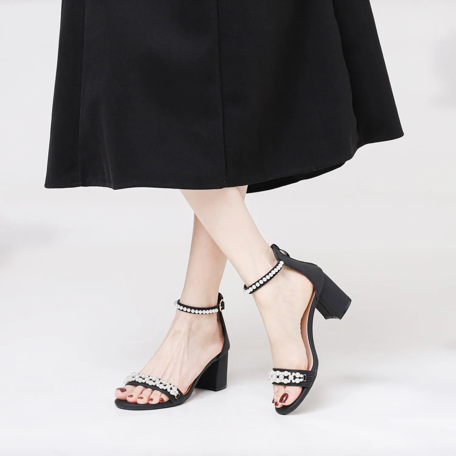 WOJWSKI Women's Heels Sandals for Women Open Toe Fashion Pearls Platform Heeled Sandals Ankle Strap Block Chunky Low Heel Pump Sandal Party Wedding Dress Shoe
