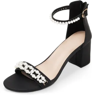 WOJWSKI Women's Heels Sandals for Women Open Toe Fashion Pearls Platform Heeled Sandals Ankle Strap Block Chunky Low Heel Pump Sandal Party Wedding Dress Shoe