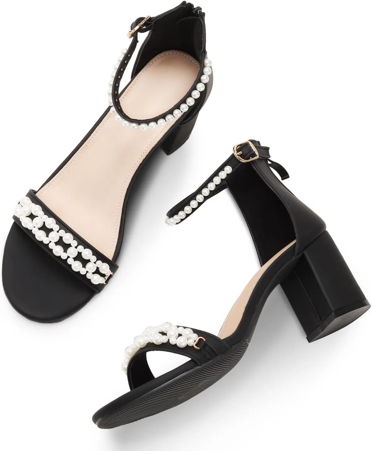 WOJWSKI Women's Heels Sandals for Women Open Toe Fashion Pearls Platform Heeled Sandals Ankle Strap Block Chunky Low Heel Pump Sandal Party Wedding Dress Shoe