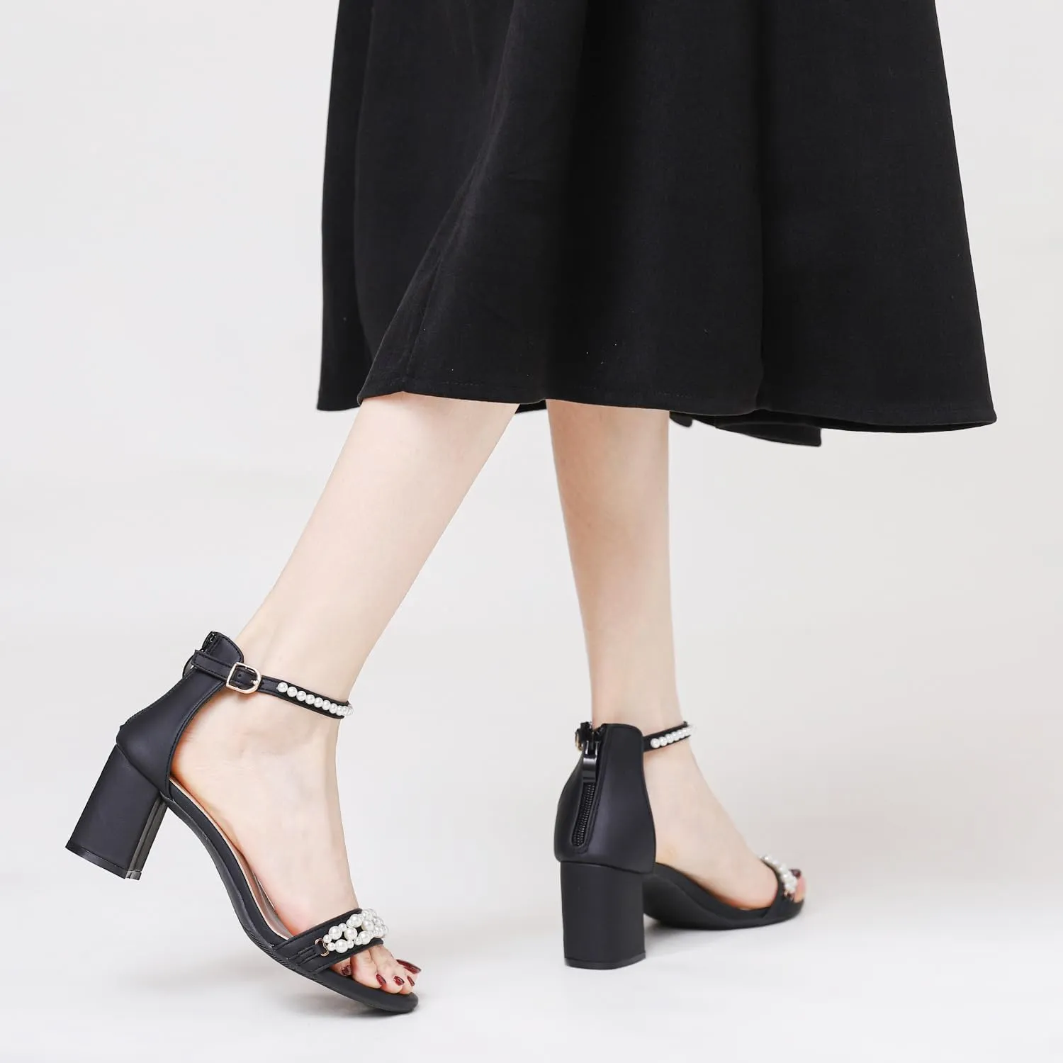 WOJWSKI Women's Heels Sandals for Women Open Toe Fashion Pearls Platform Heeled Sandals Ankle Strap Block Chunky Low Heel Pump Sandal Party Wedding Dress Shoe