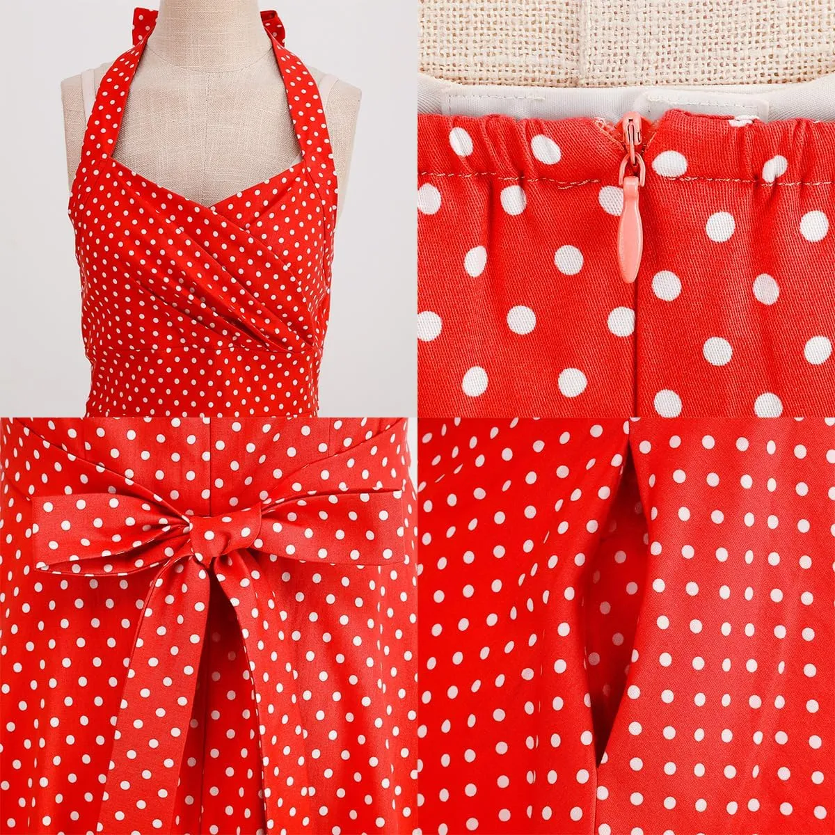 Women 1950s Dresses Vintage Spaghetti Strap Halter Polka Dot Swing A Line Midi Dress Cocktail Party Evening Prom Gown